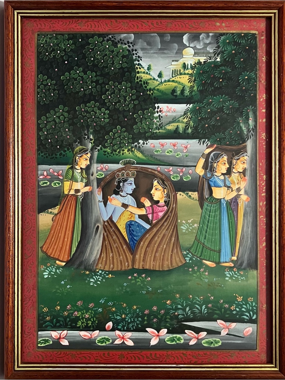 HINDU PAINTING on Silk / KRISHNA & RADHA / 3 Gopi Handmaidens / SATGURU’S Mumbai